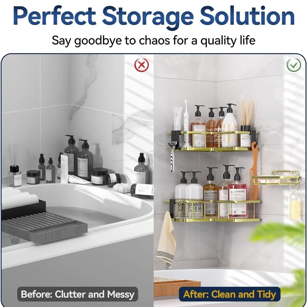Rustproof Bathroom Corner Shower Caddy Organizer, 3 Pack Self-Adhesive Shelves